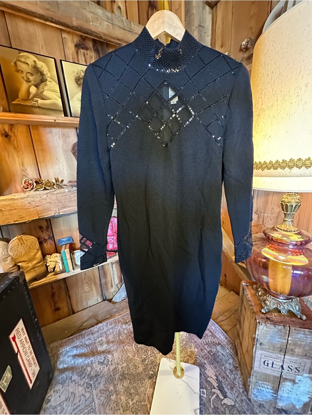 St. John Black Knit Long Sleeve Dress with Diamond Openwork